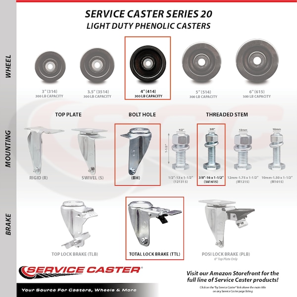 Service Caster 4 Inch SS Phenolic Swivel 3/8 Inch Threaded Stem Caster Set Total Lock Brake SCC SCC-SSTSTTL20S414-PHS-381615-4 - main